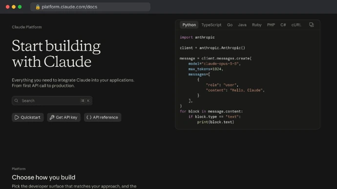 Screenshot of the Anthropic documentation home page