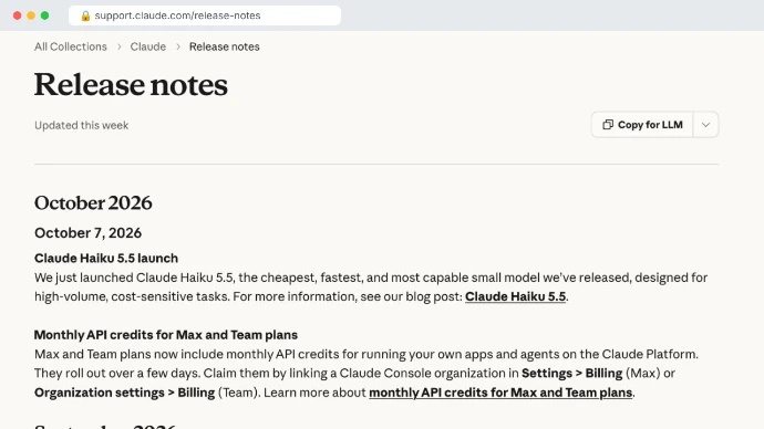 Screenshot of the Claude release notes