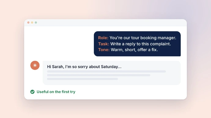 Chat mockup showing a structured prompt with role, task and tone, and a useful reply