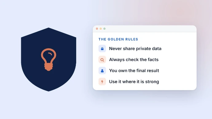 Shield with a lightbulb beside a list of four golden rules for using AI safely