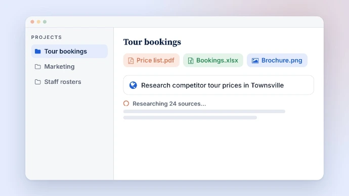 Claude Project mockup with attached files and a web research task running