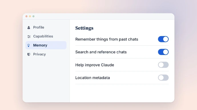 Claude settings mockup with memory and privacy toggles