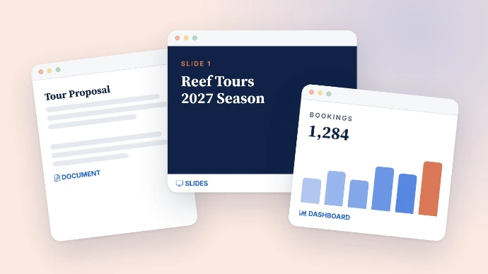A document, a slide and a dashboard created by Claude